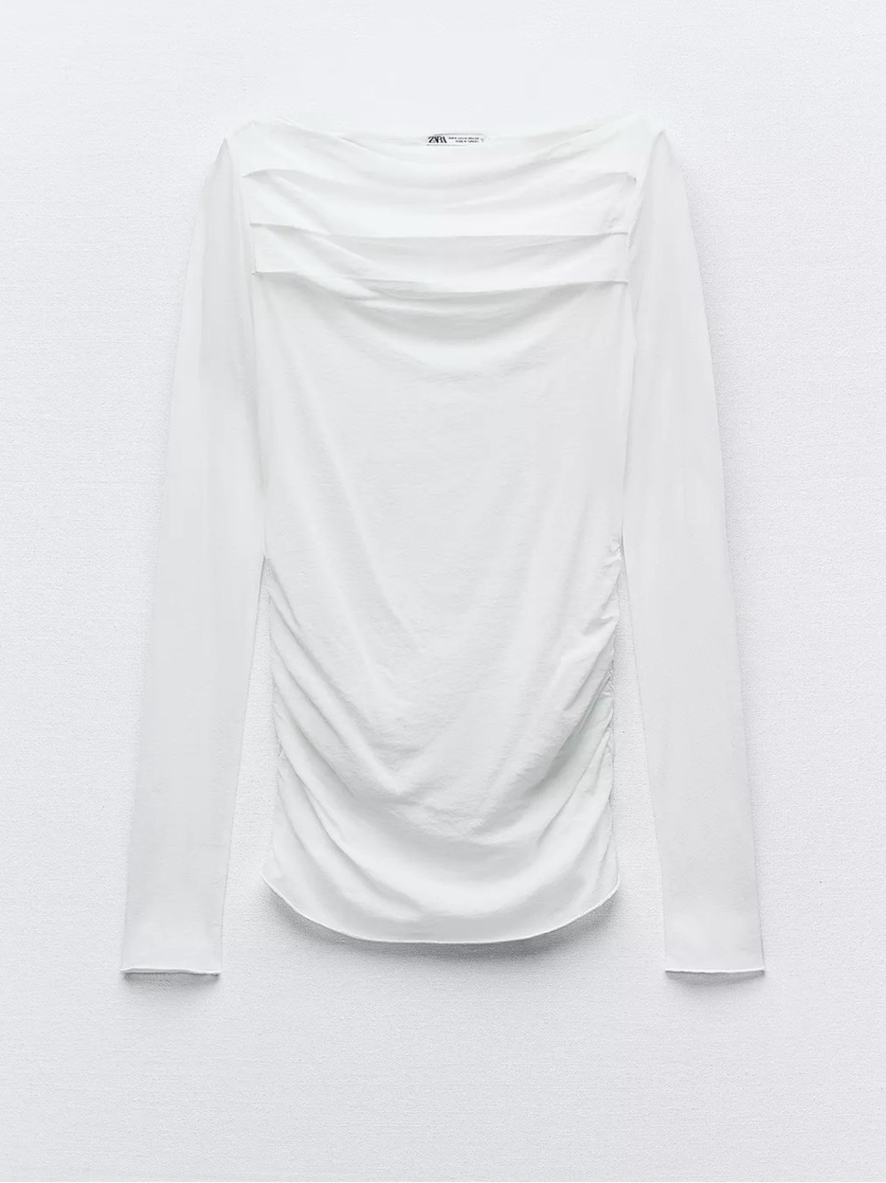 White Long-Sleeve Draped Boatneck Top with Side Ruching